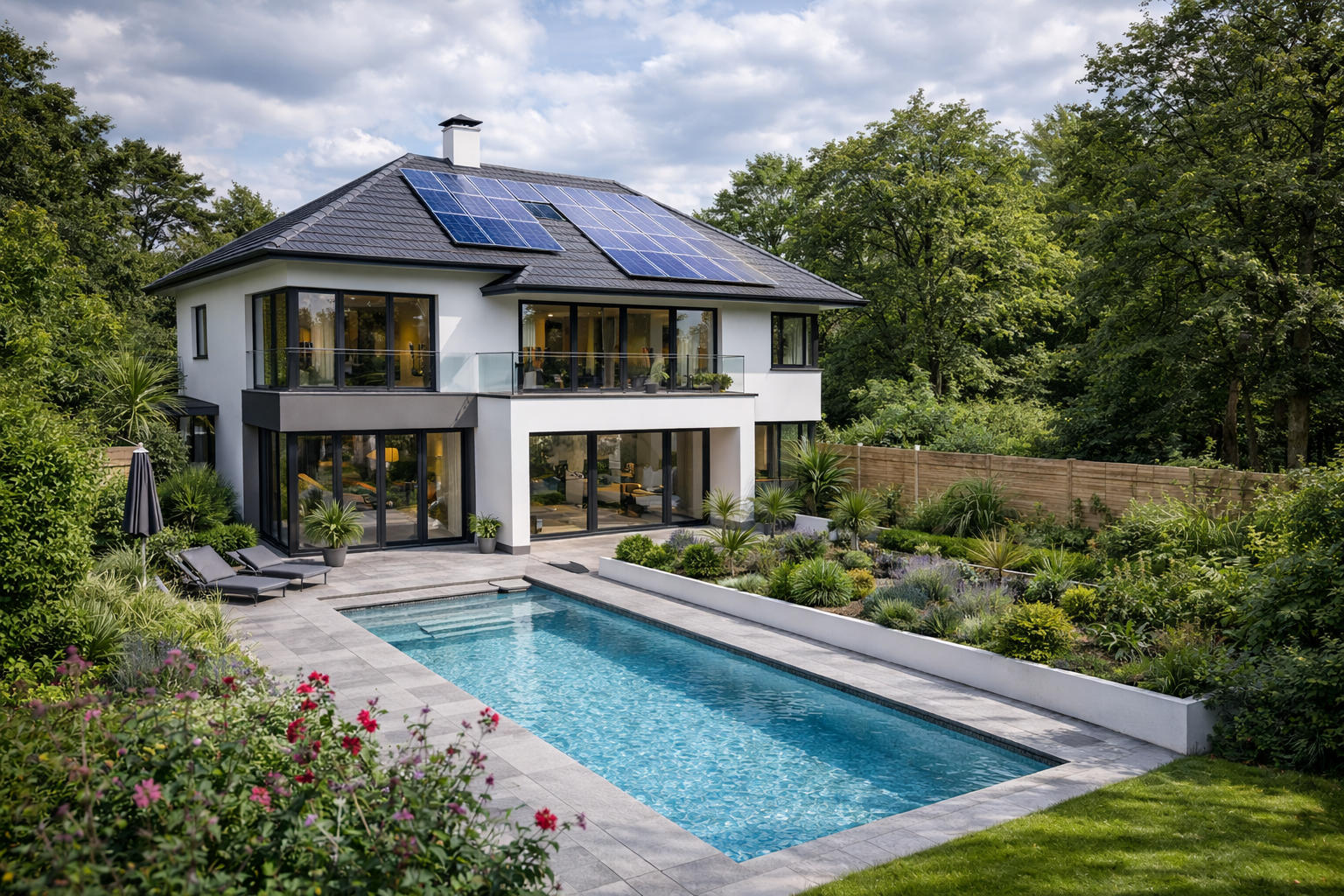 Modern UK home with rooftop solar panels and a heated swimming pool in 2026, showcasing sustainable energy living.