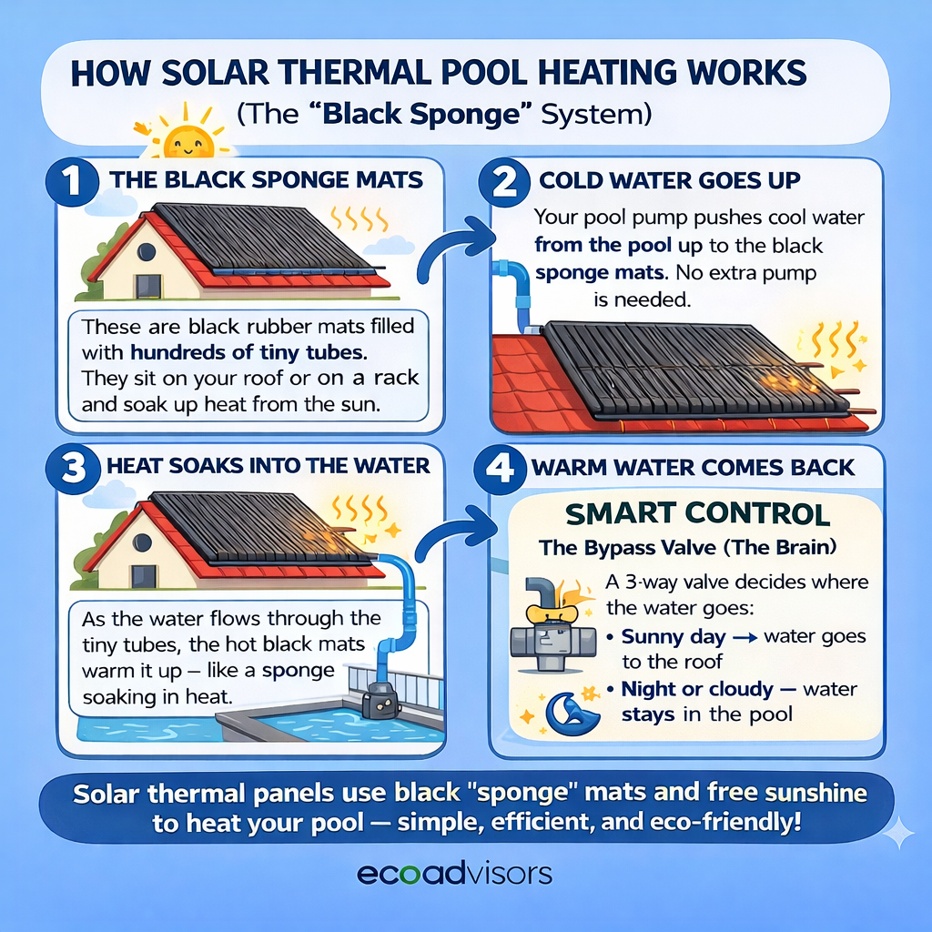 Infographic showing heating a swimming pool with solar using black sponge thermal mats and a bypass valve.