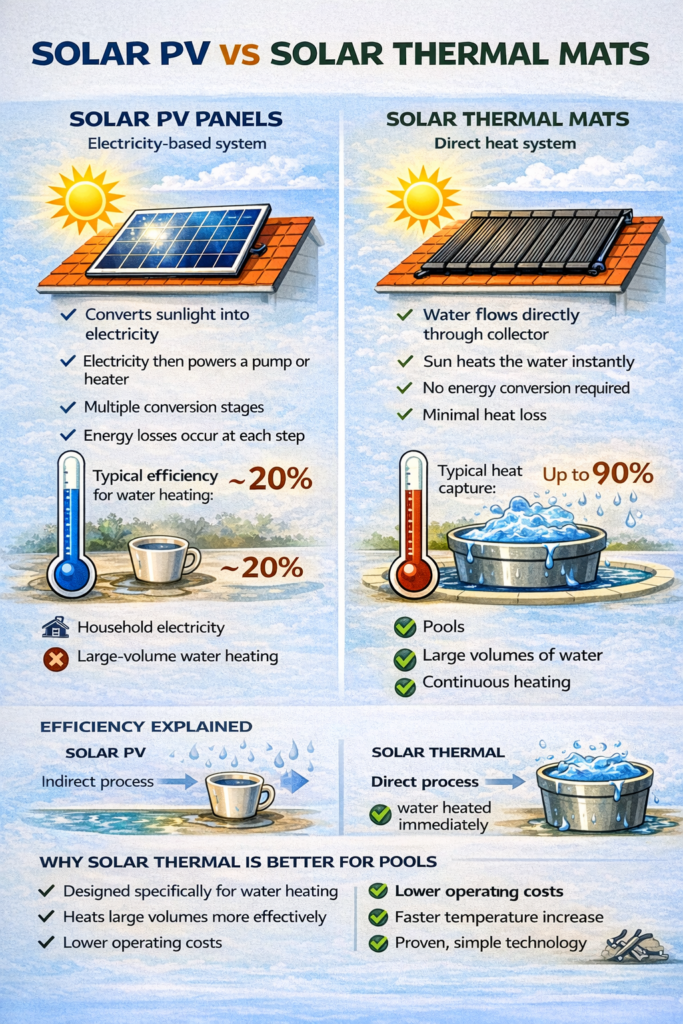 Infographic comparing solar PV panels and solar thermal mats, showing why solar thermal systems are more efficient for heating water and swimming pools.