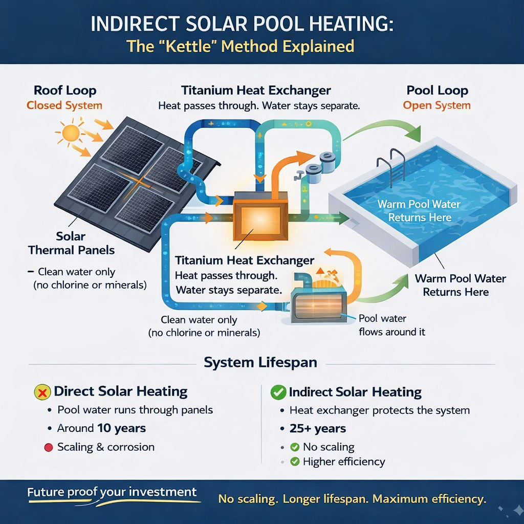 Infographic explaining indirect solar pool heating using solar thermal panels, a titanium heat exchanger, and a closed roof loop to heat pool water safely.