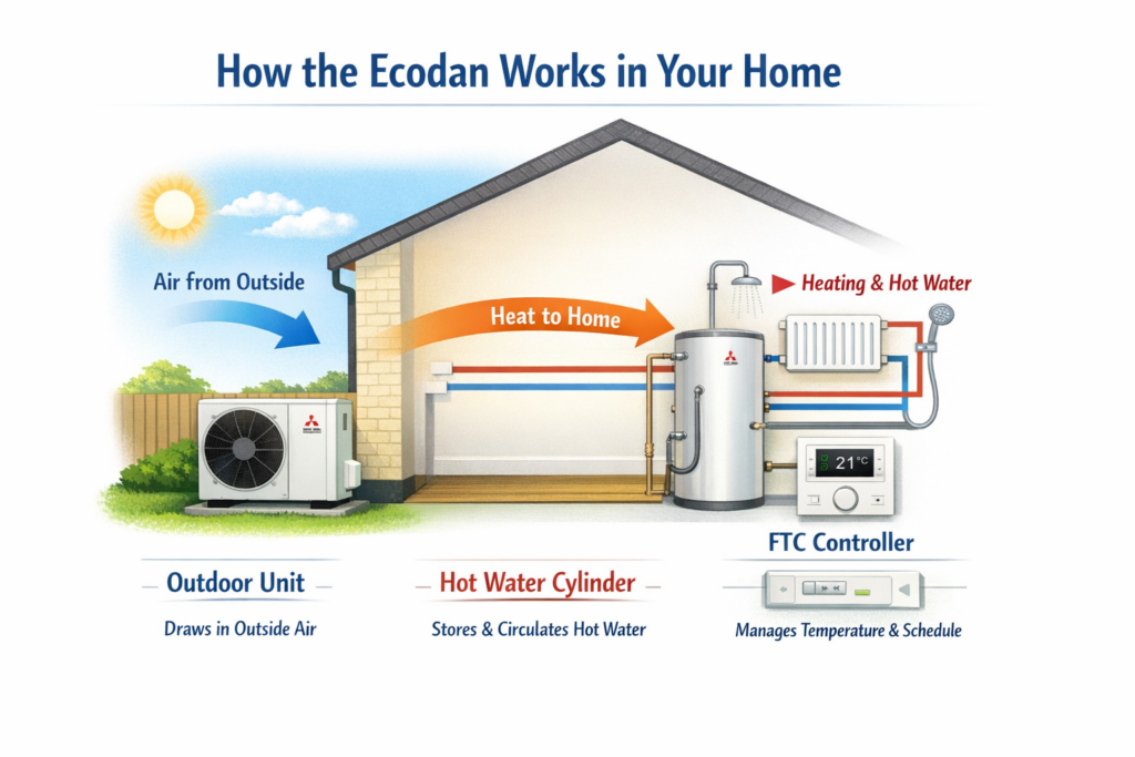 Diagram showing how a Mitsubishi Ecodan works in a home, with outdoor air supplying heat to radiators and a hot water cylinder via a controller.